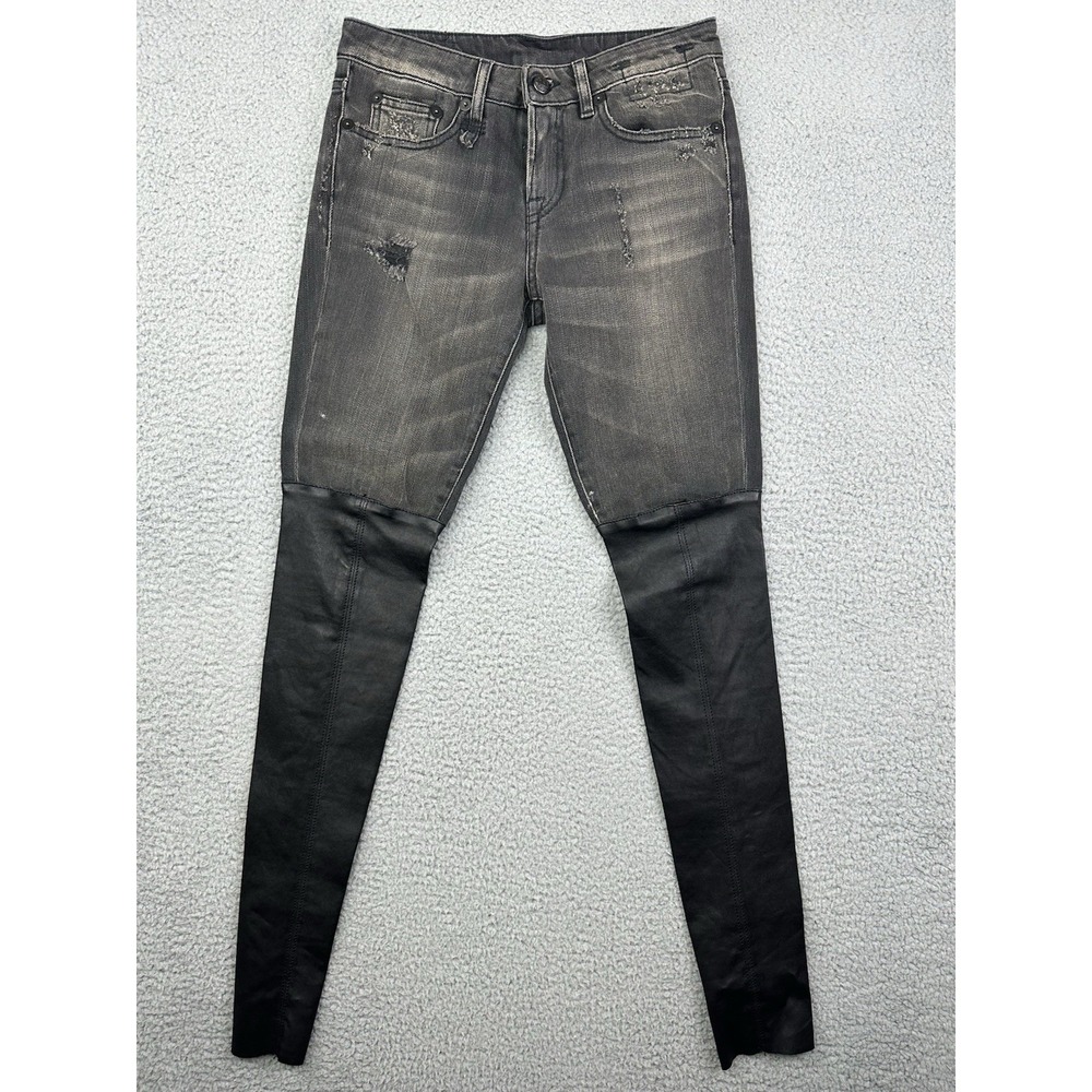 R13 Black Denim Knee Chaps Womens Sz 25 Shredded Black Skinny Jeans 28x32 Italy